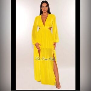 Hot Miami Styles Vibrant Yellow Long Sleeve Dress